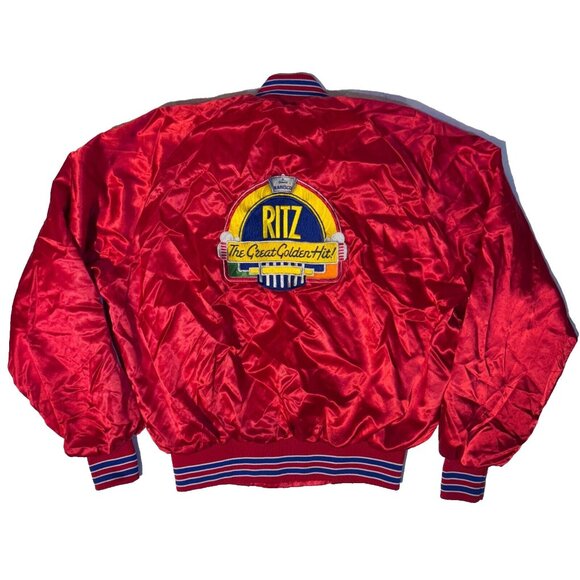 Vintage Nabisco Ritz Crackers Jukebox Red Satin Bomber Jacket Size M 3 Strikes - Picture 1 of 10